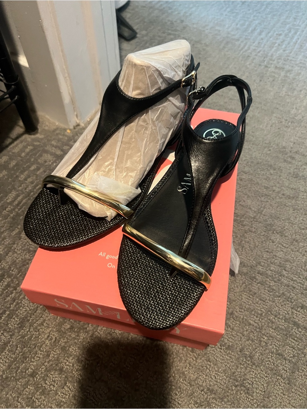 Black Womens T-Strap Sandals with Gold Accent new